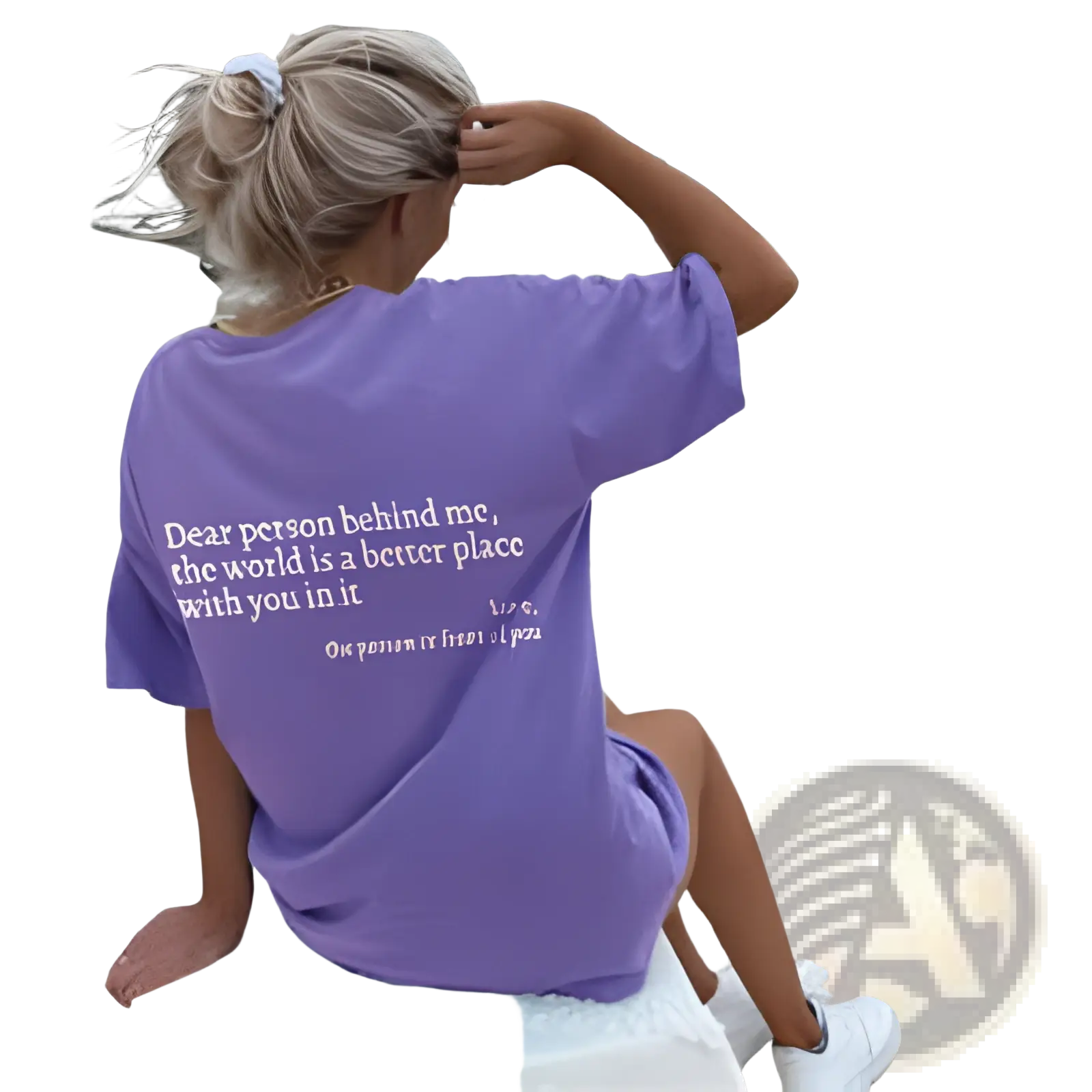 Back side of a women’s oversized purple cotton t-shirt with a white slogan print perfect for casual wear