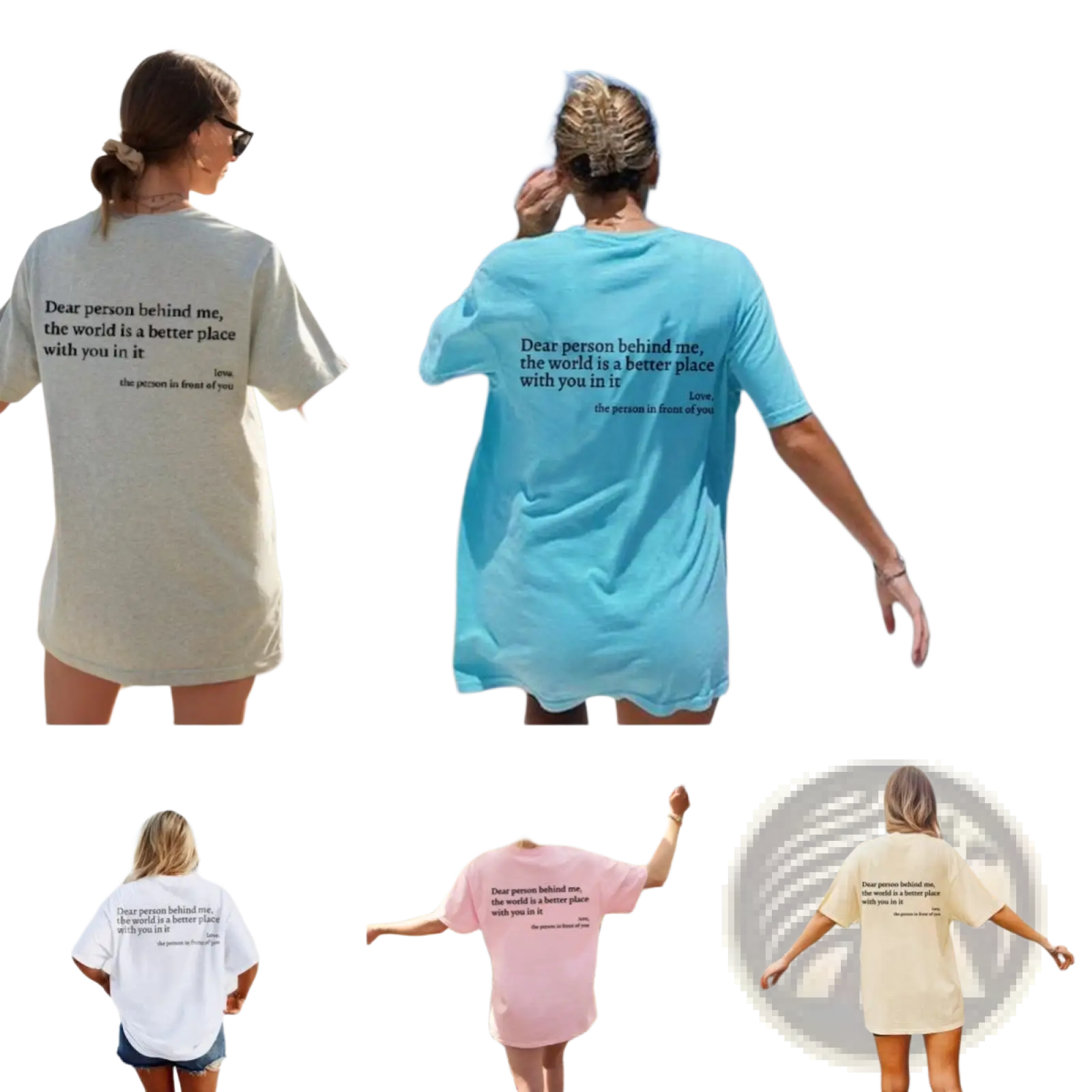 A soft oversized cream light blue or pink womens t-shirt with a slogan print on the back side