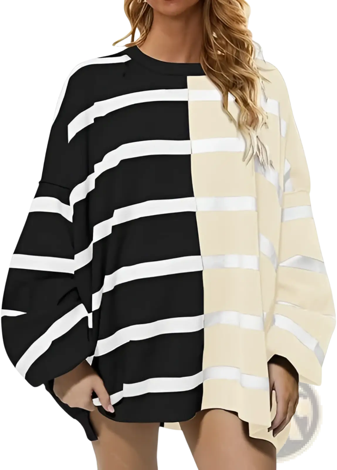 Women’s oversized knit sweater with black and cream striped pattern and front split design for casual wear