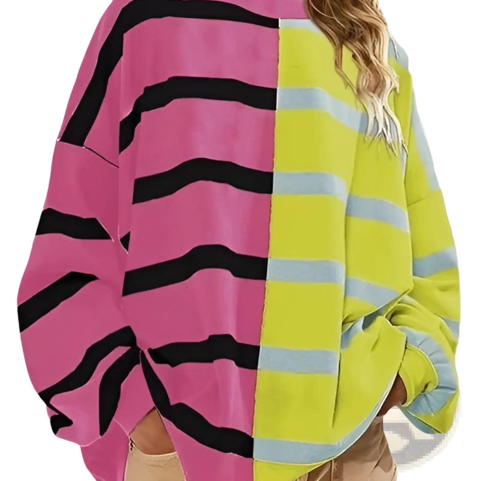 Women’s oversized split color striped knit sweater with bold pink black and yellow green striped design