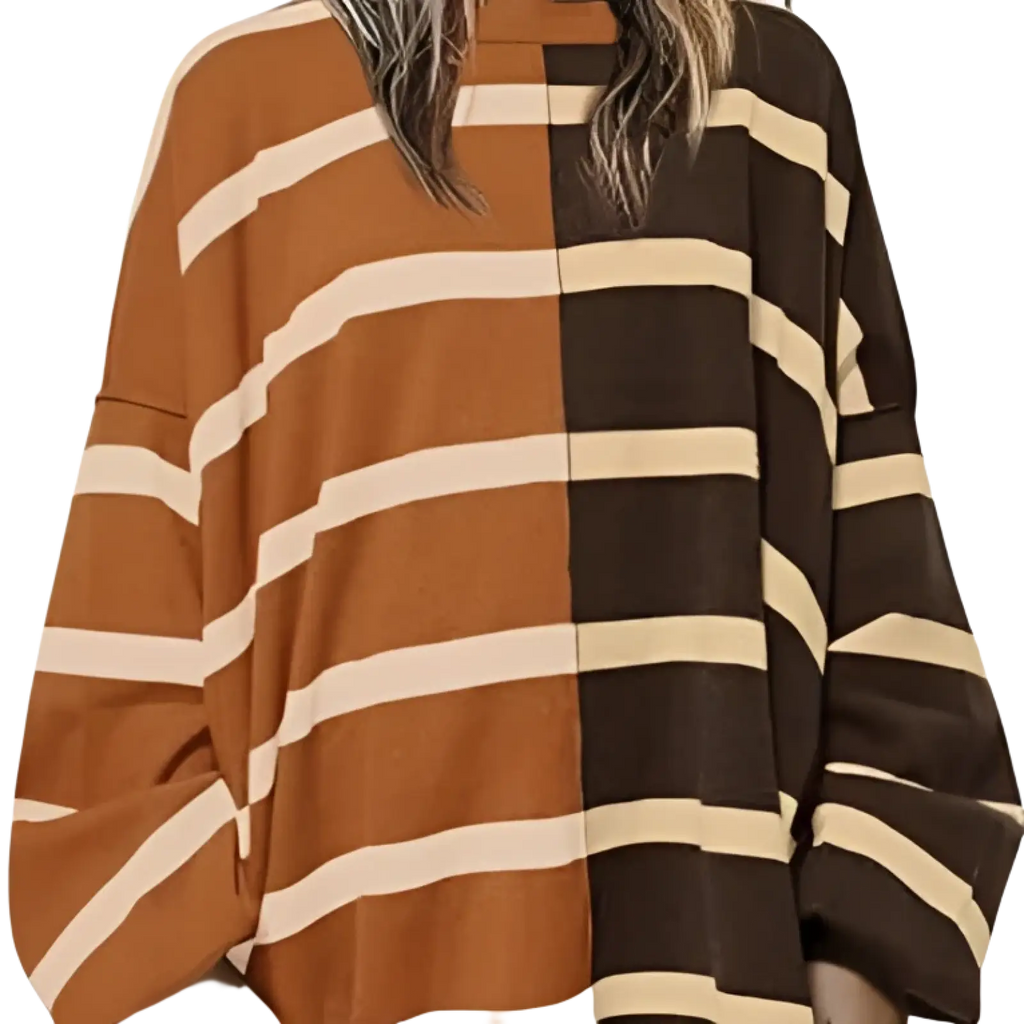 Women’s oversized split color striped knit sweater with bold brown cream and chocolate off-white horizontal stripes