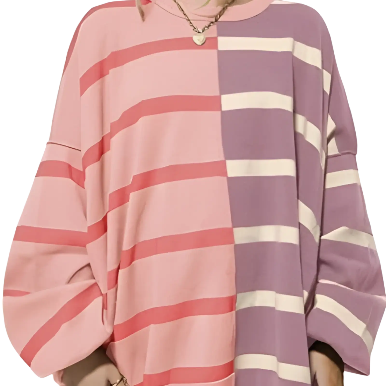 Women’s oversized knit sweater with split design featuring pink and purple horizontal stripes on each side