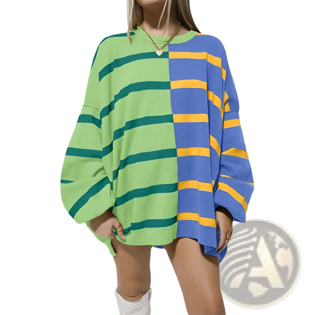 Women’s oversized split color striped knit sweater in lime green teal and royal blue mustard yellow with long sleeves