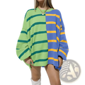 Women’s oversized split color striped knit sweater with bold lime green teal and royal blue mustard yellow design