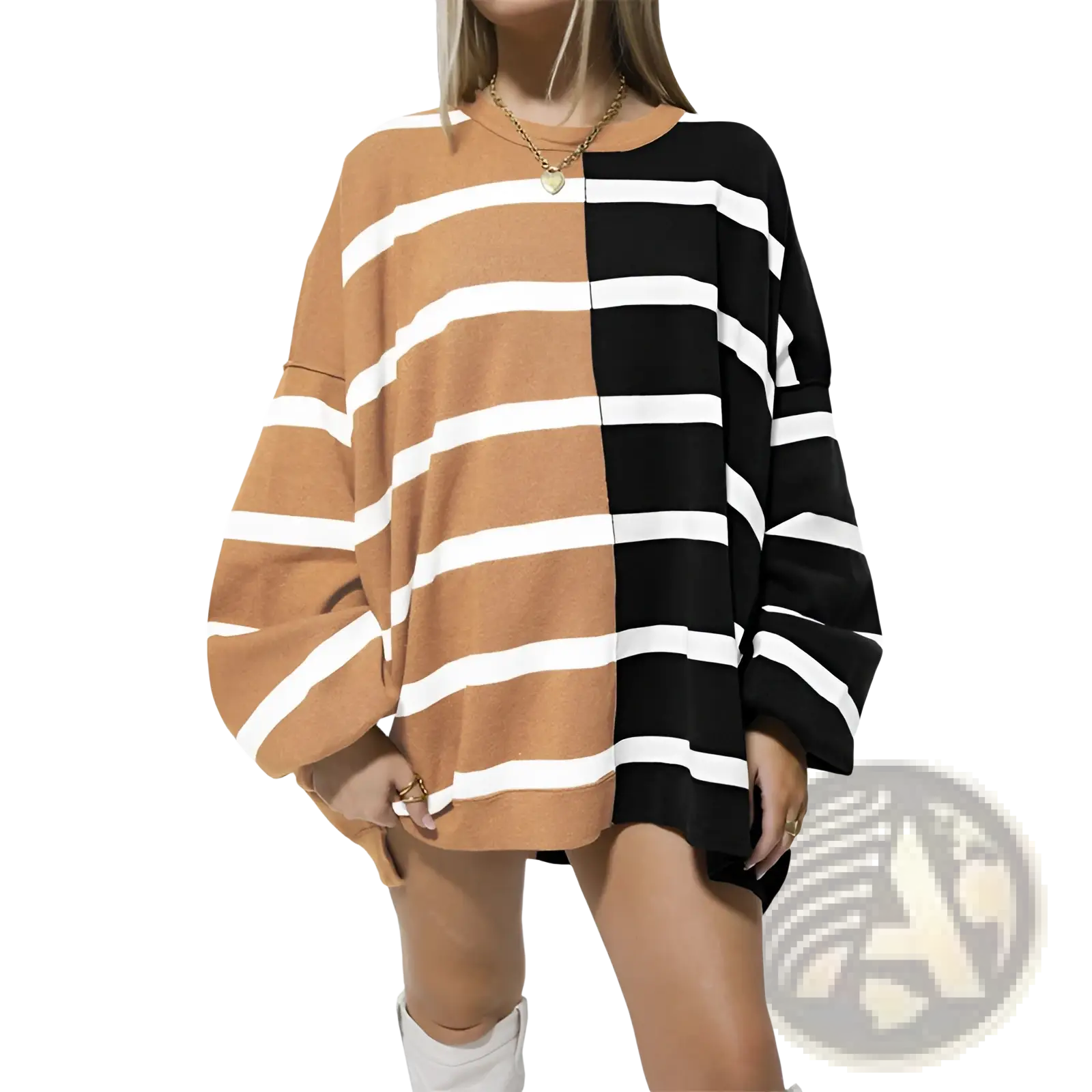Women’s oversized split color striped knit sweater featuring tan white and black white stripes in a split design