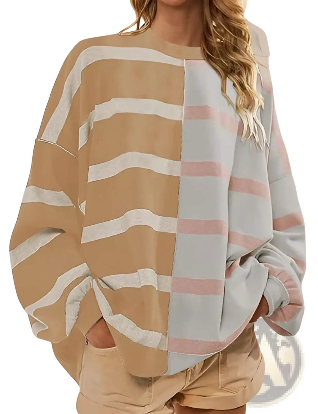 Women’s oversized split color striped knit sweater with cozy tan white and light blue pink stripes on front