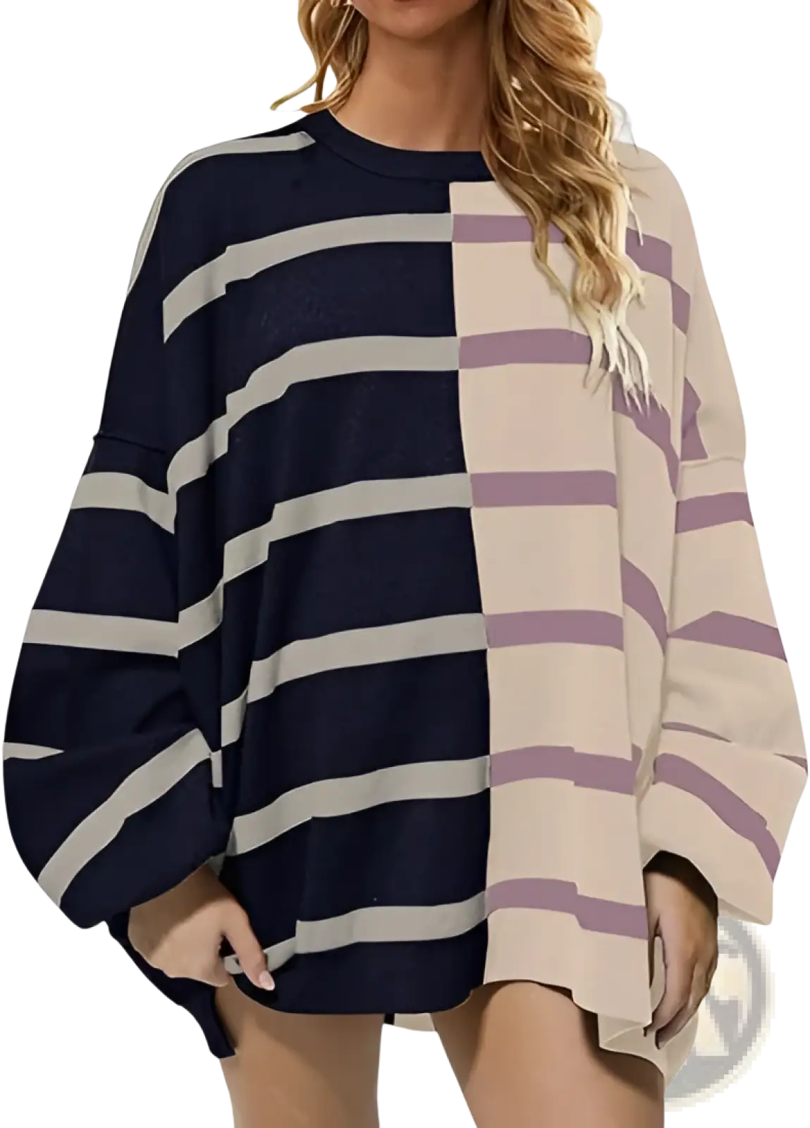 Women’s oversized knit sweater with bold navy beige stripes on one side and soft lavender stripes on the other