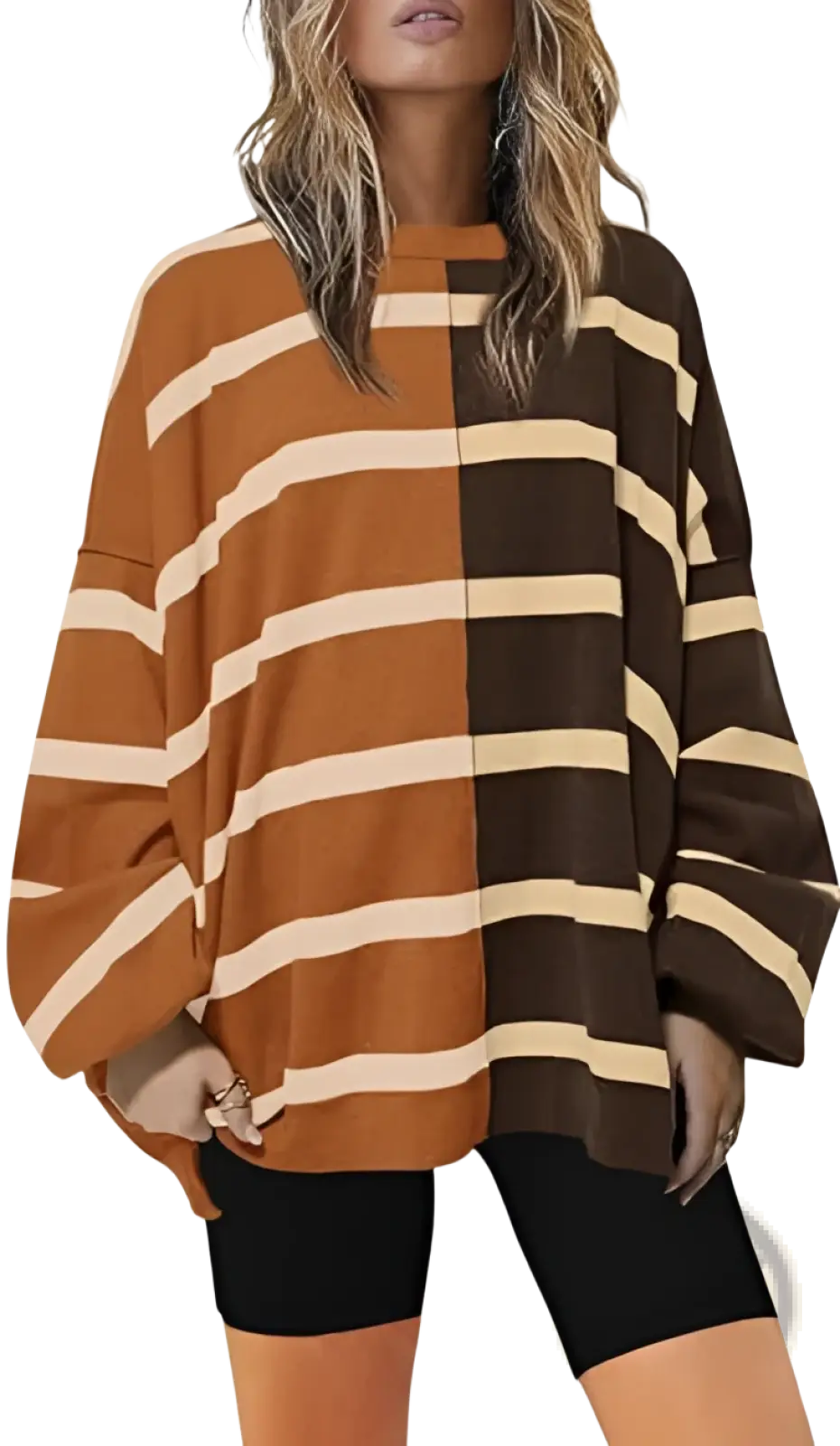Women’s oversized split color striped knit sweater featuring earthy brown and cream stripes on one side and dark chocolate on the other