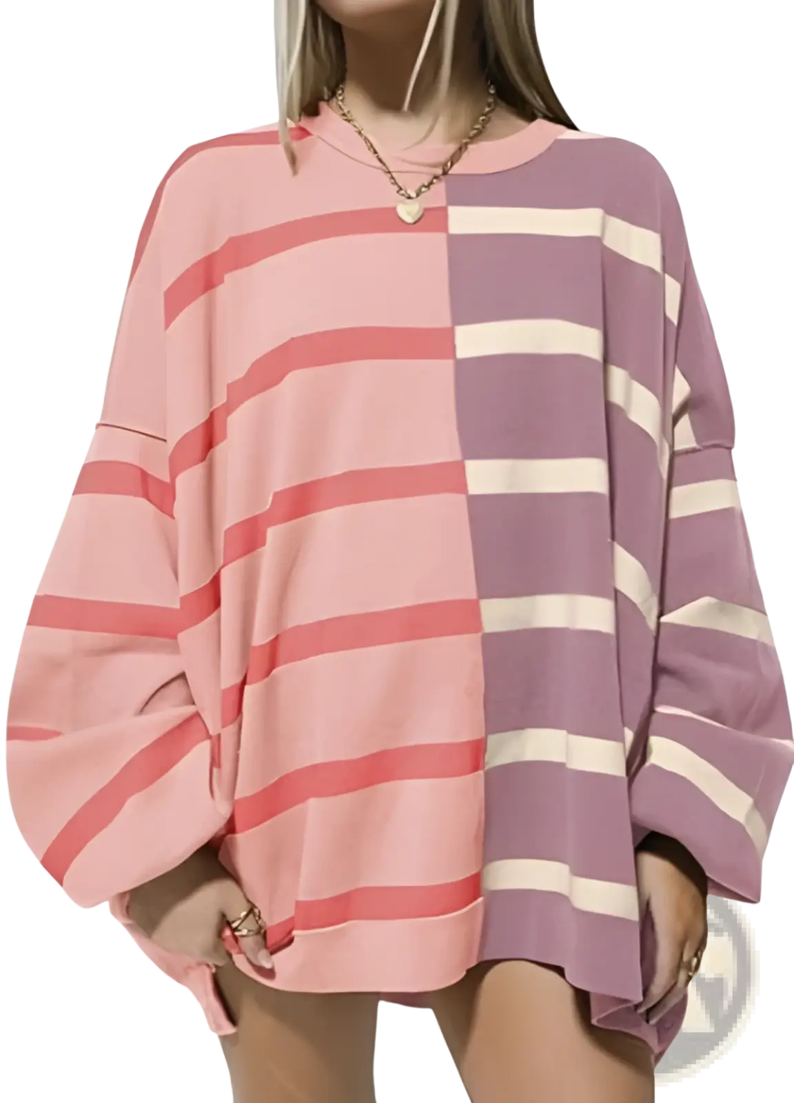 Women’s oversized knit sweater with split-color design featuring pink and purple horizontal stripes for cozy wear