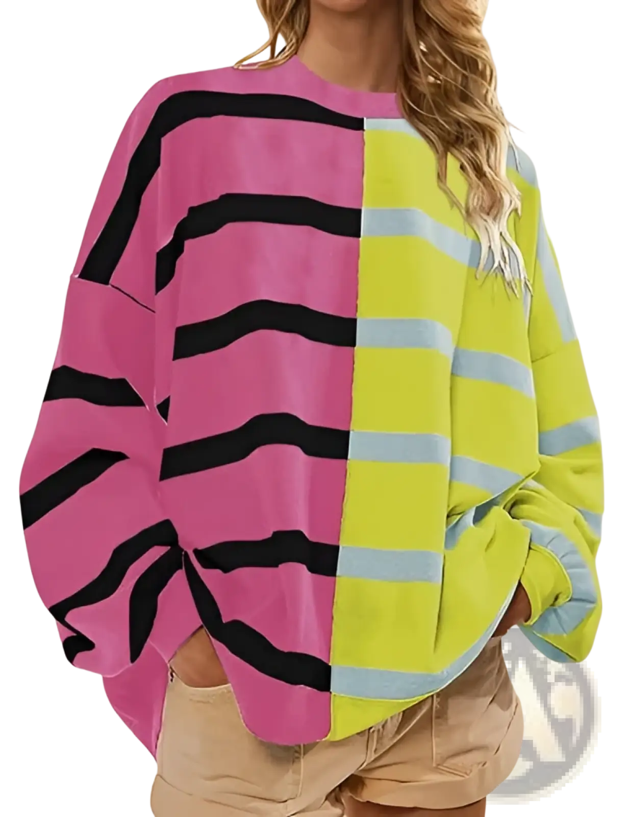 A women’s oversized split color striped knit sweater featuring bold pink black and neon yellow light blue stripes