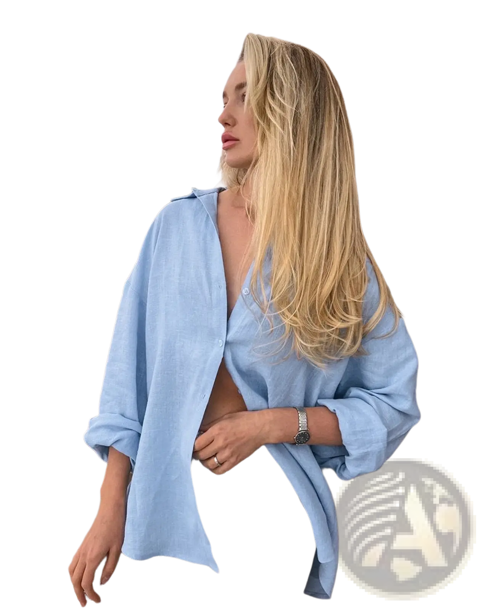 Light blue oversized textured linen button up cardigan blouse with rolled up sleeves for women