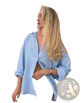 Light blue oversized textured linen button up cardigan blouse with rolled up sleeves for women