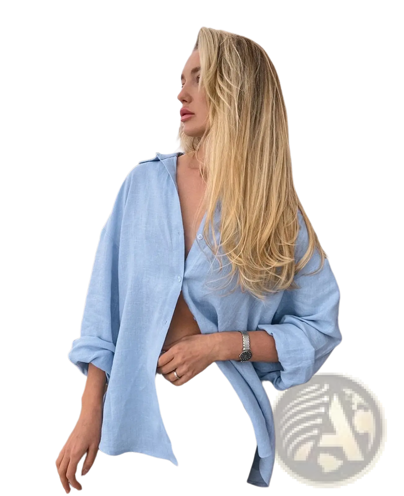 Light blue oversized textured linen button up cardigan blouse with rolled up sleeves for women