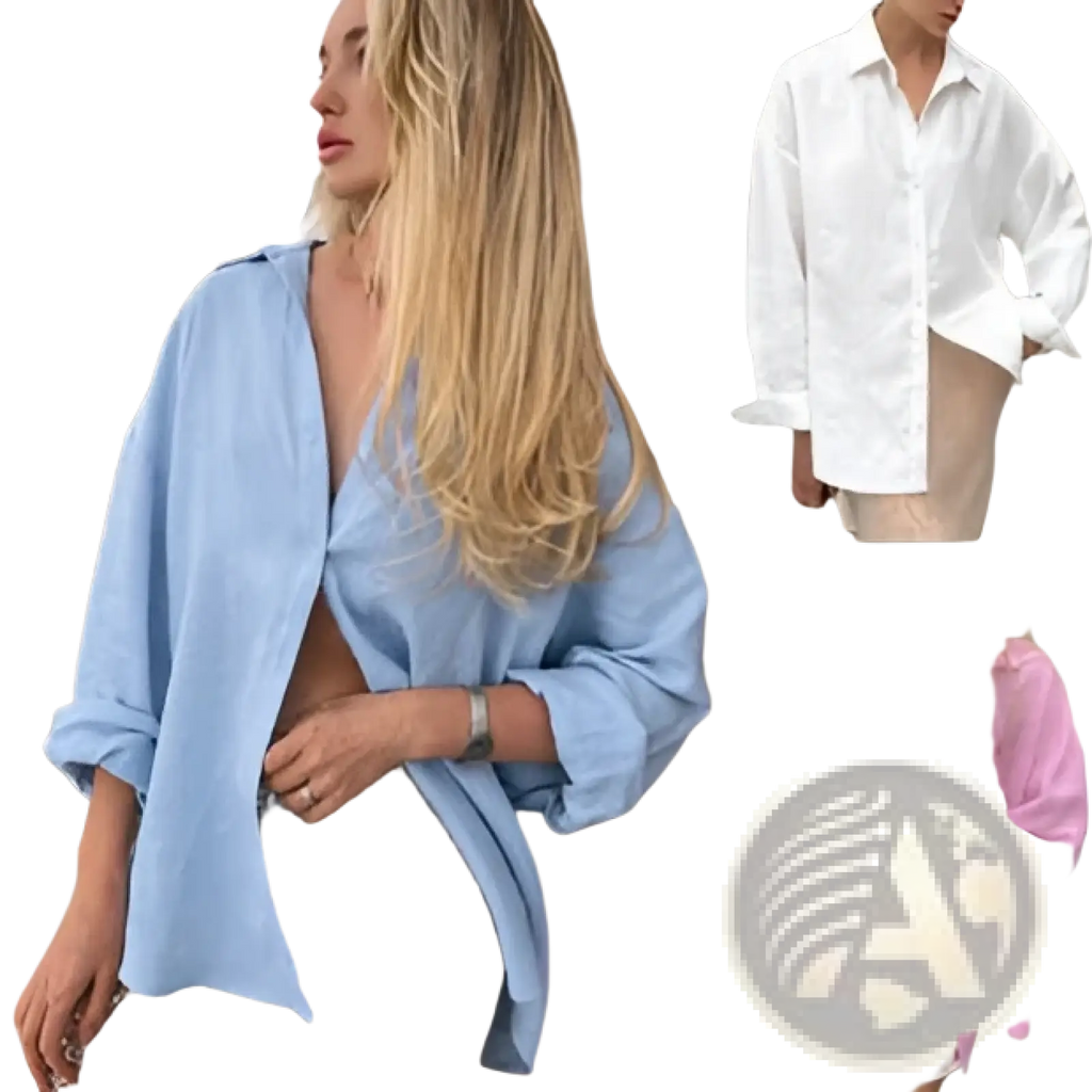 Light blue women’s oversized textured button up cardigan blouse with rolled-up sleeves and relaxed fit