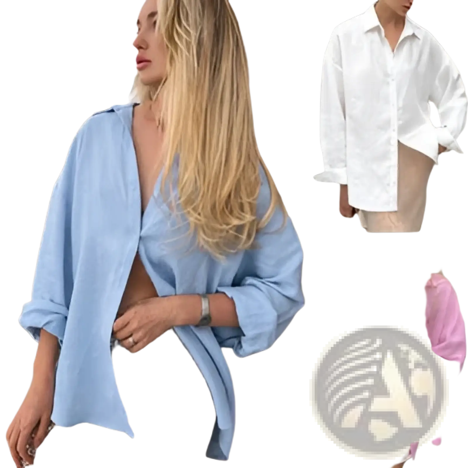 Light blue women’s oversized textured button up cardigan blouse with rolled-up sleeves and relaxed fit