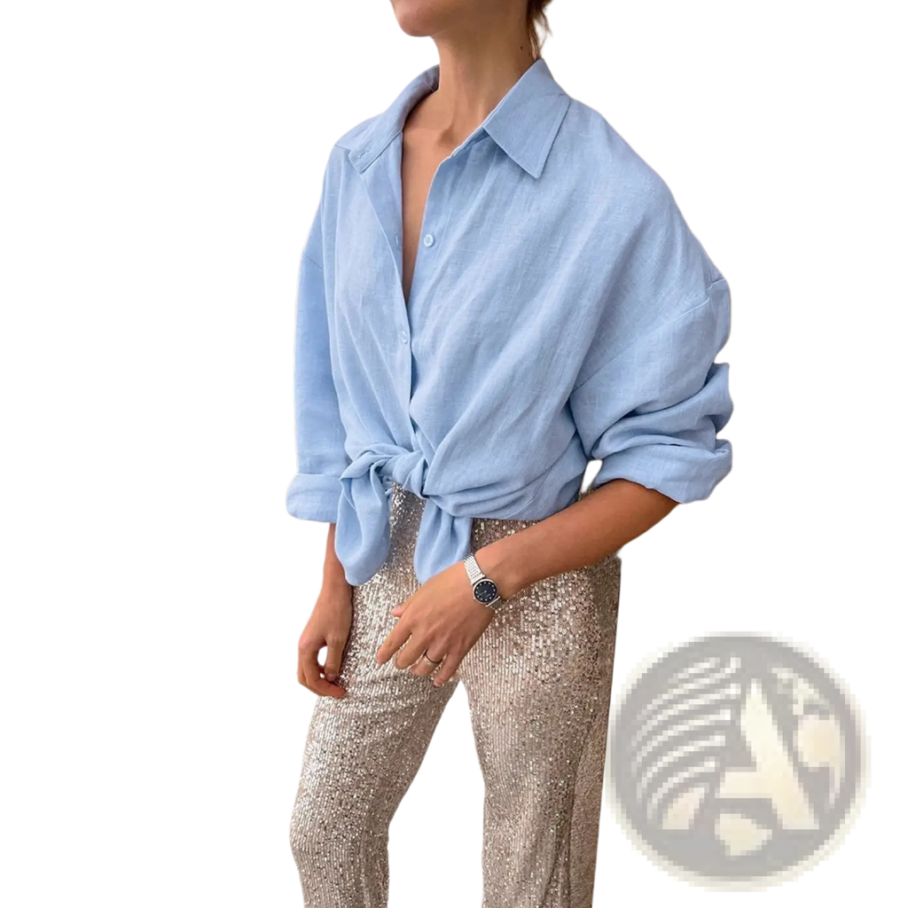 Women’s oversized textured button up cardigan blouse in light blue with loose fit rolled sleeves tied at the waist