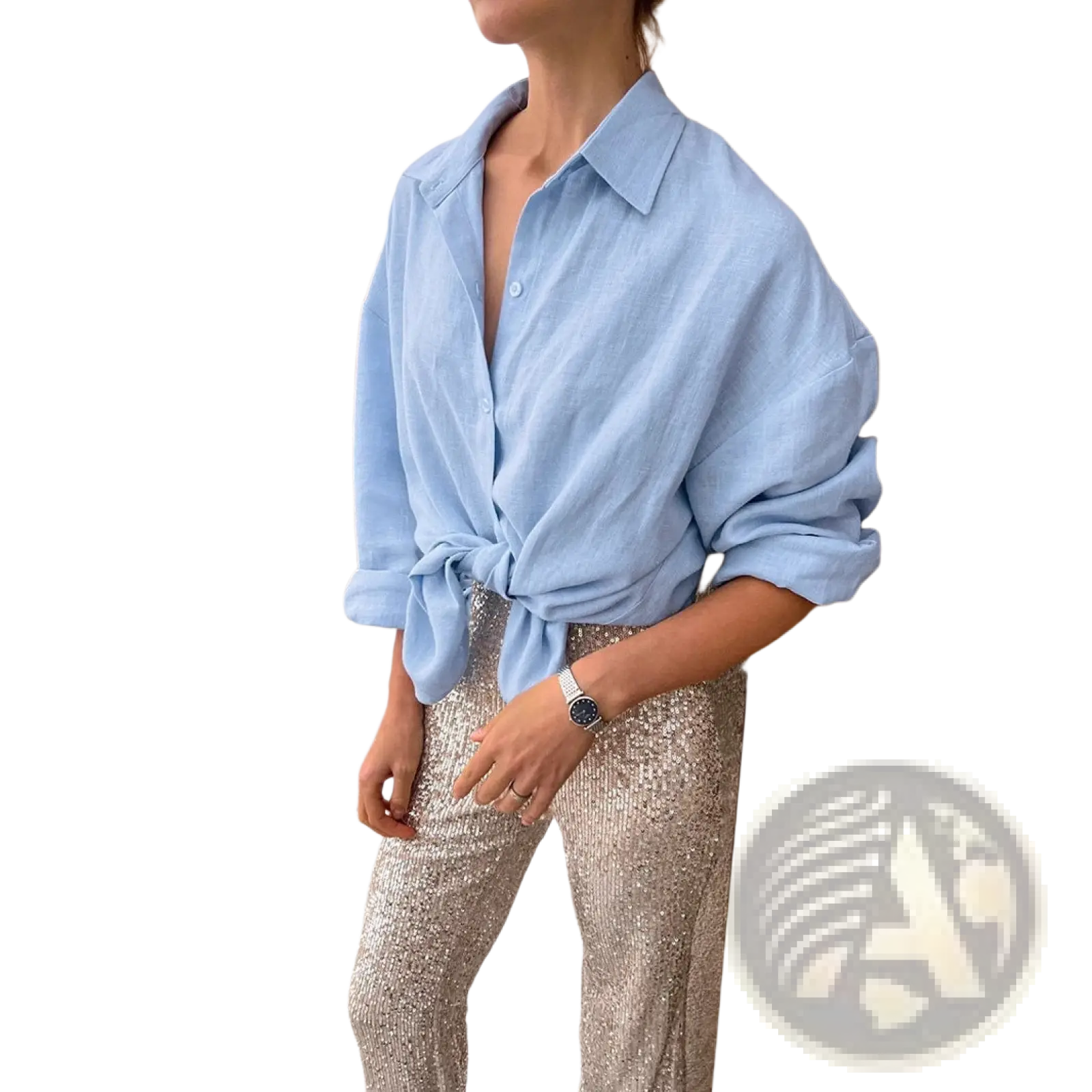 Women’s oversized textured button up cardigan blouse in light blue with loose fit rolled sleeves tied at the waist