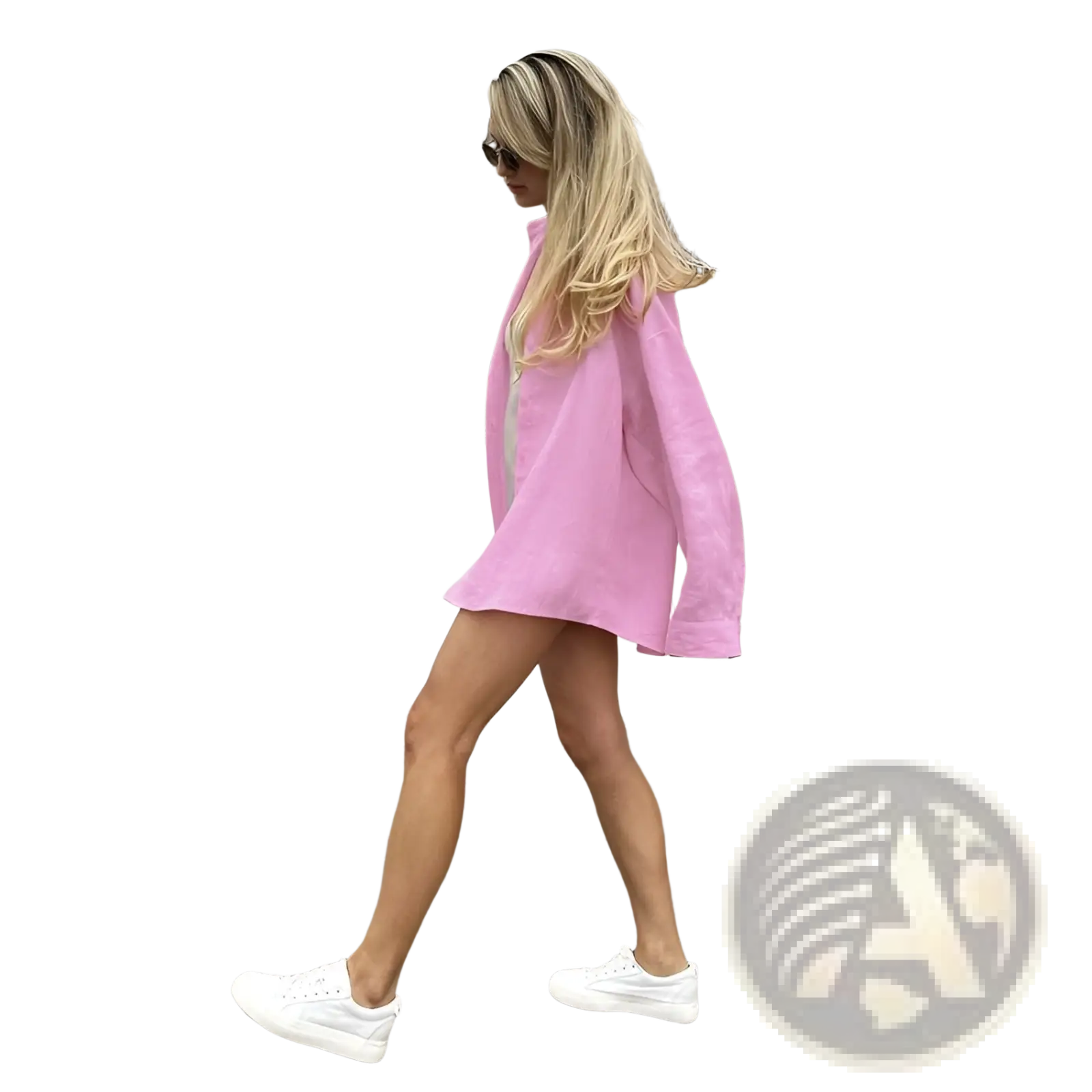 Women’s oversized textured button up cardigan blouse in soft pink linen with long sleeves and asymmetrical hemline