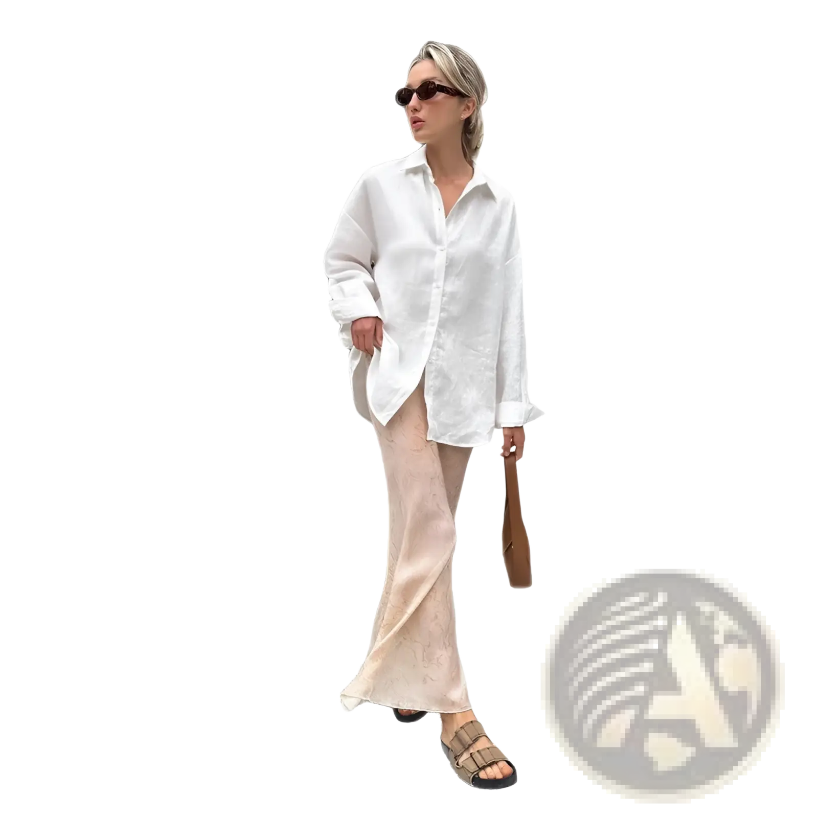 Women’s oversized white button-up cardigan blouse with subtle textured pattern in soft breathable fabric