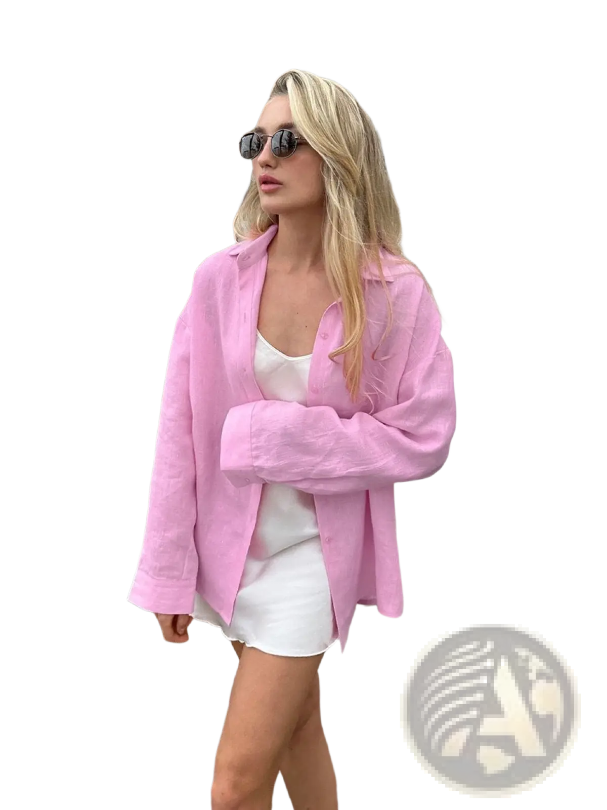 Women’s oversized textured button up cardigan blouse in soft pink loose fitting linen with classic collar and buttoned front