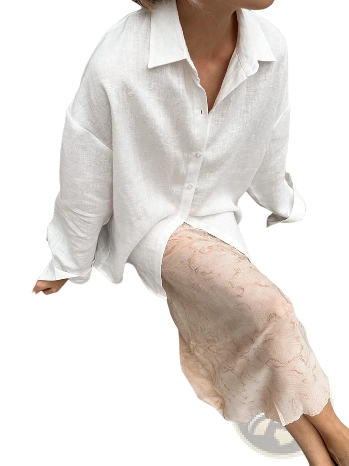 Women’s oversized textured button up cardigan blouse in white linen with loose fit and classic collar