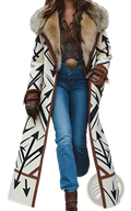 Cream-colored women’s woolen overcoat with black arrow patterns brown trim and plush fur collar