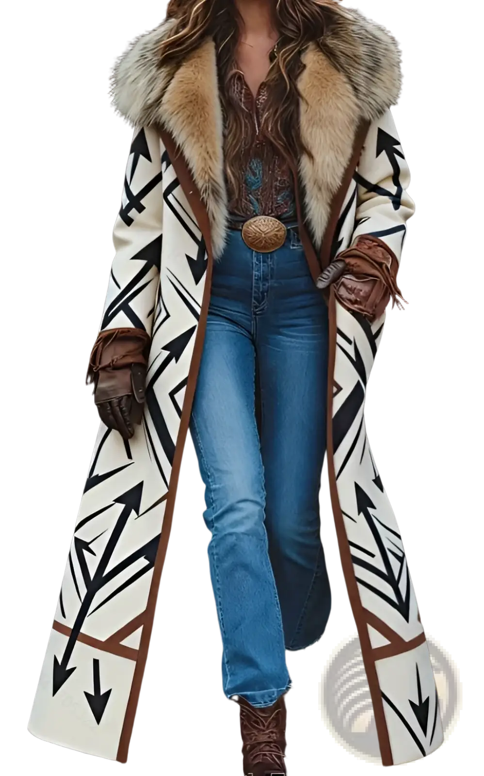 Cream-colored women’s woolen overcoat with black arrow patterns brown trim and plush fur collar