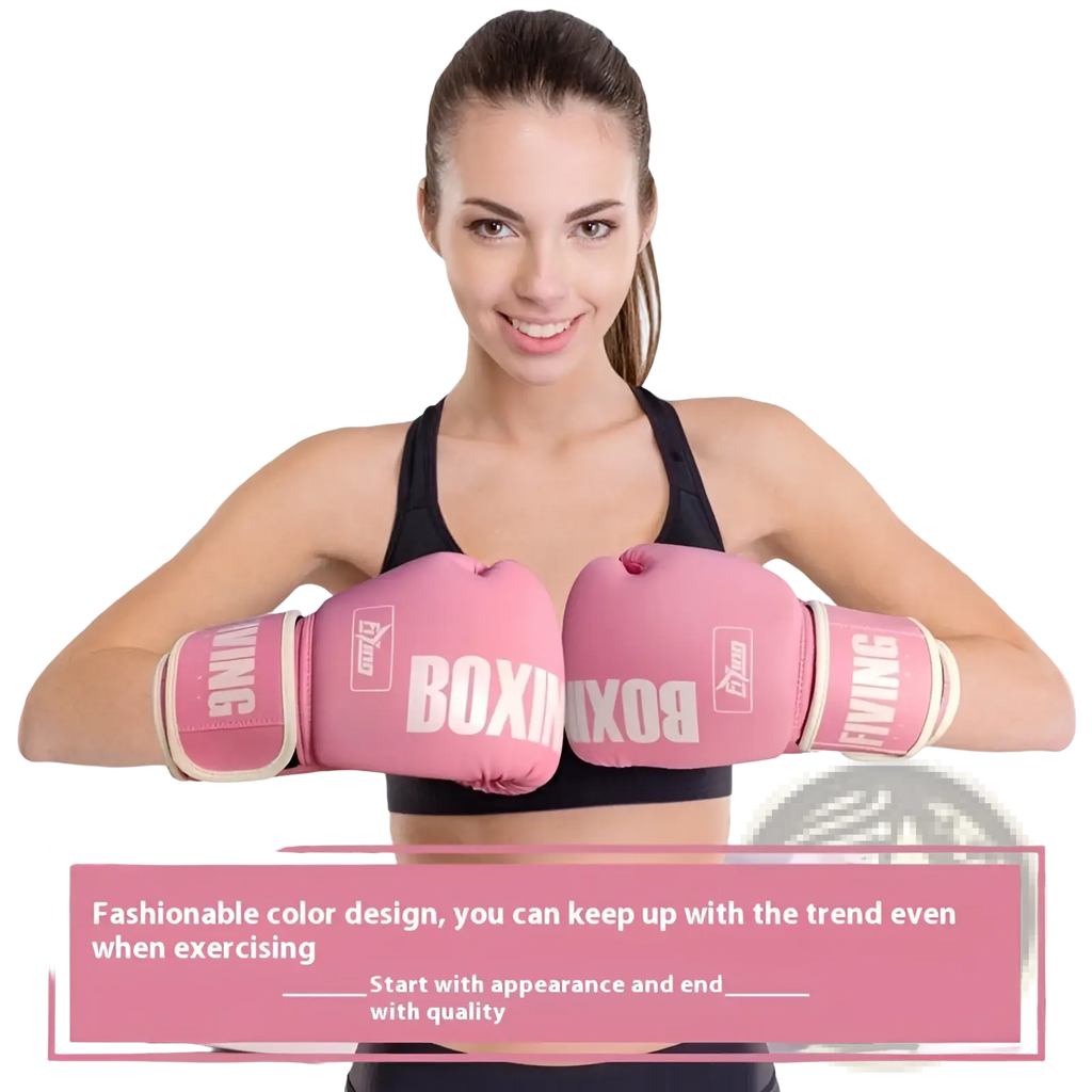 Women’s pink boxing gloves with white lettering and trim designed for training and sanda fight gear use
