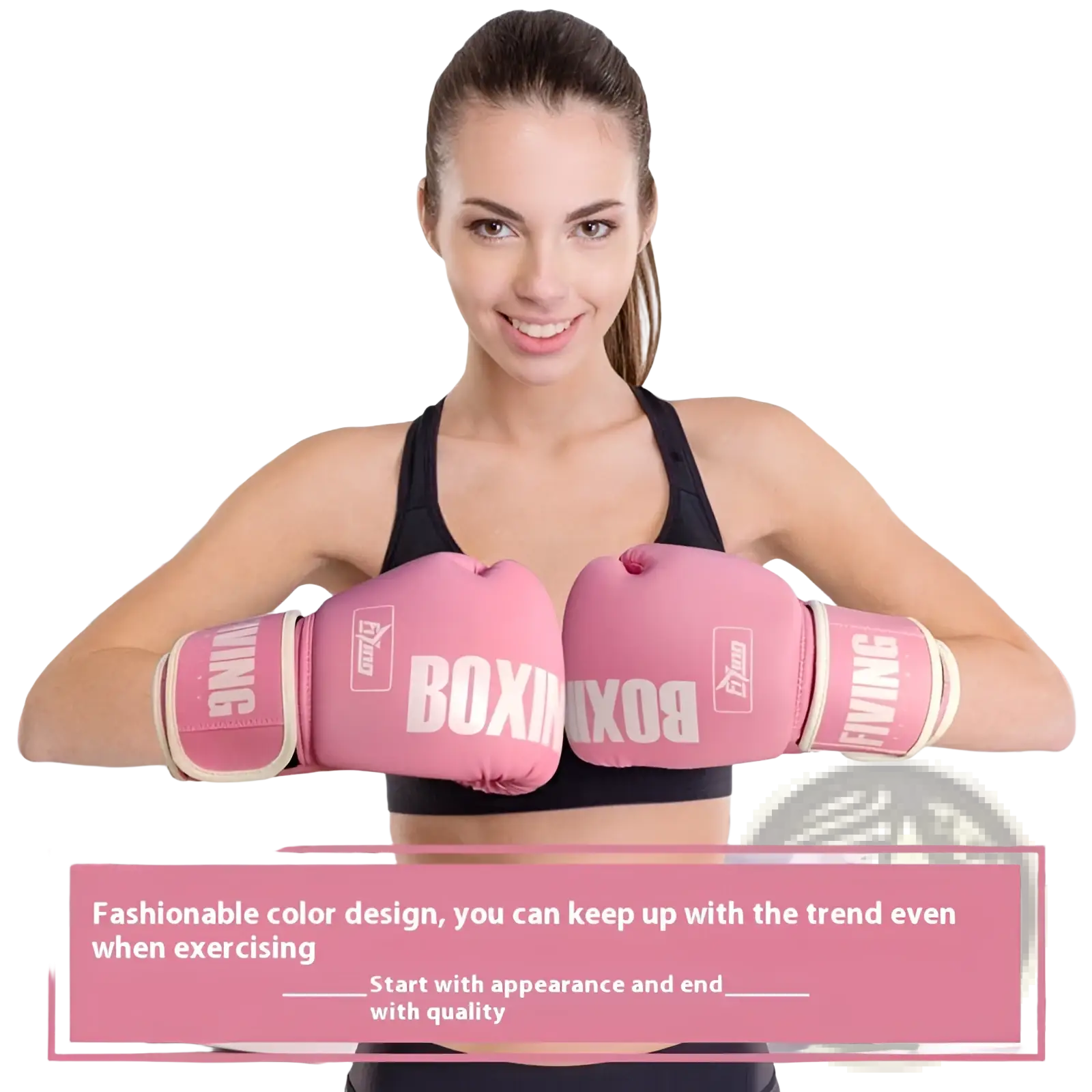 Women’s pink boxing gloves with white lettering and trim designed for training and sanda fight gear use