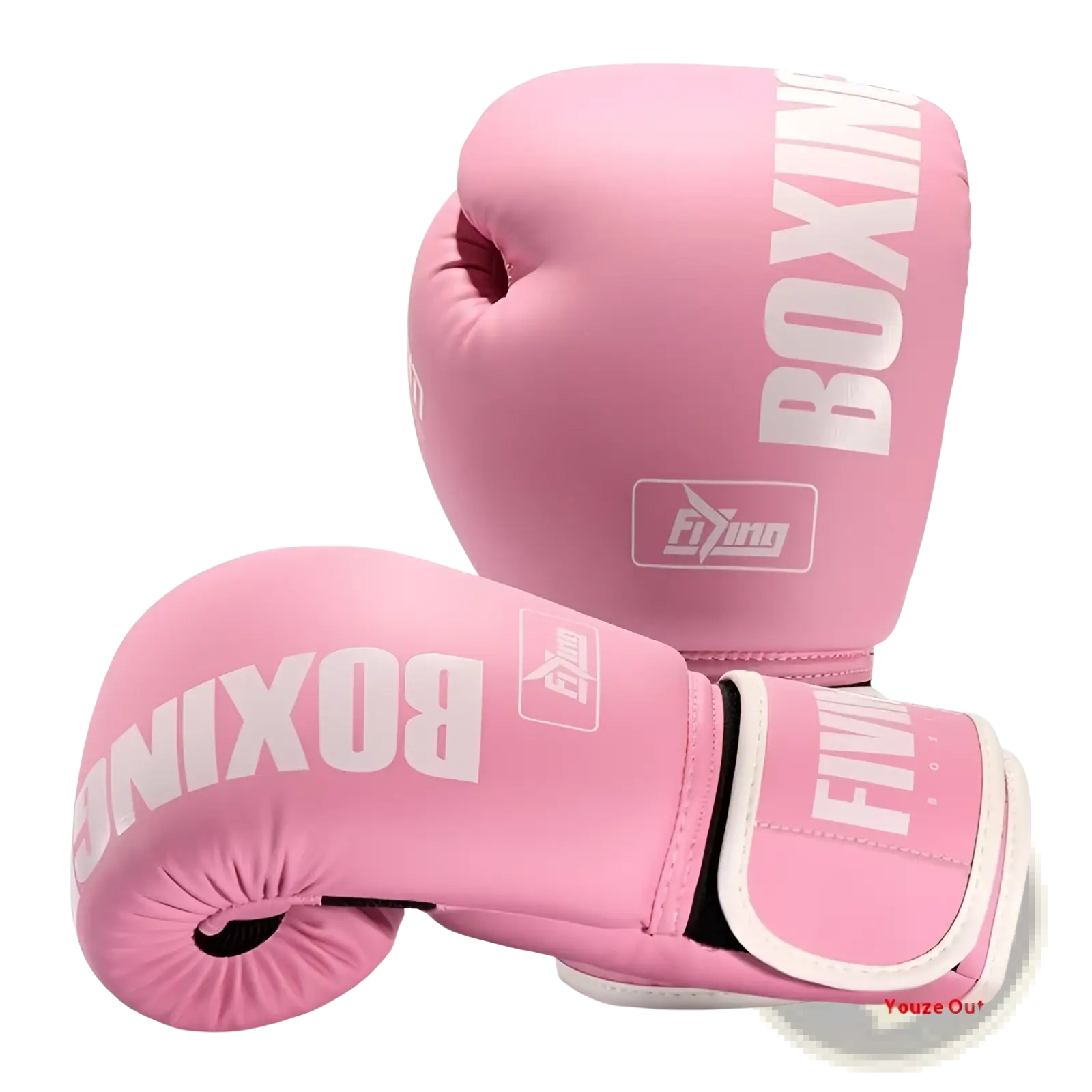 Women’s pink boxing gloves with white boxing lettering and logo on wrist strap for training and sanda fight gear