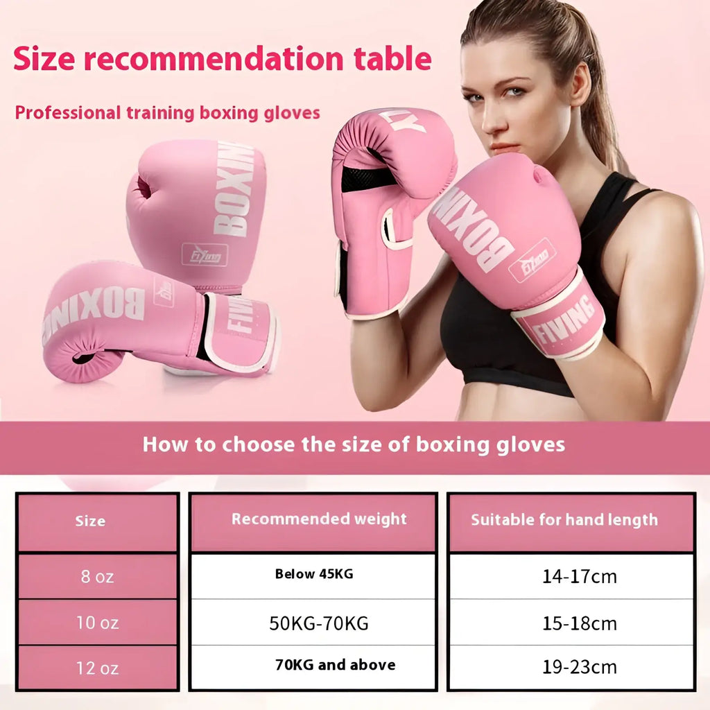 Women’s pink boxing gloves with white lettering and black accents, padded design for professional training and sanda fights