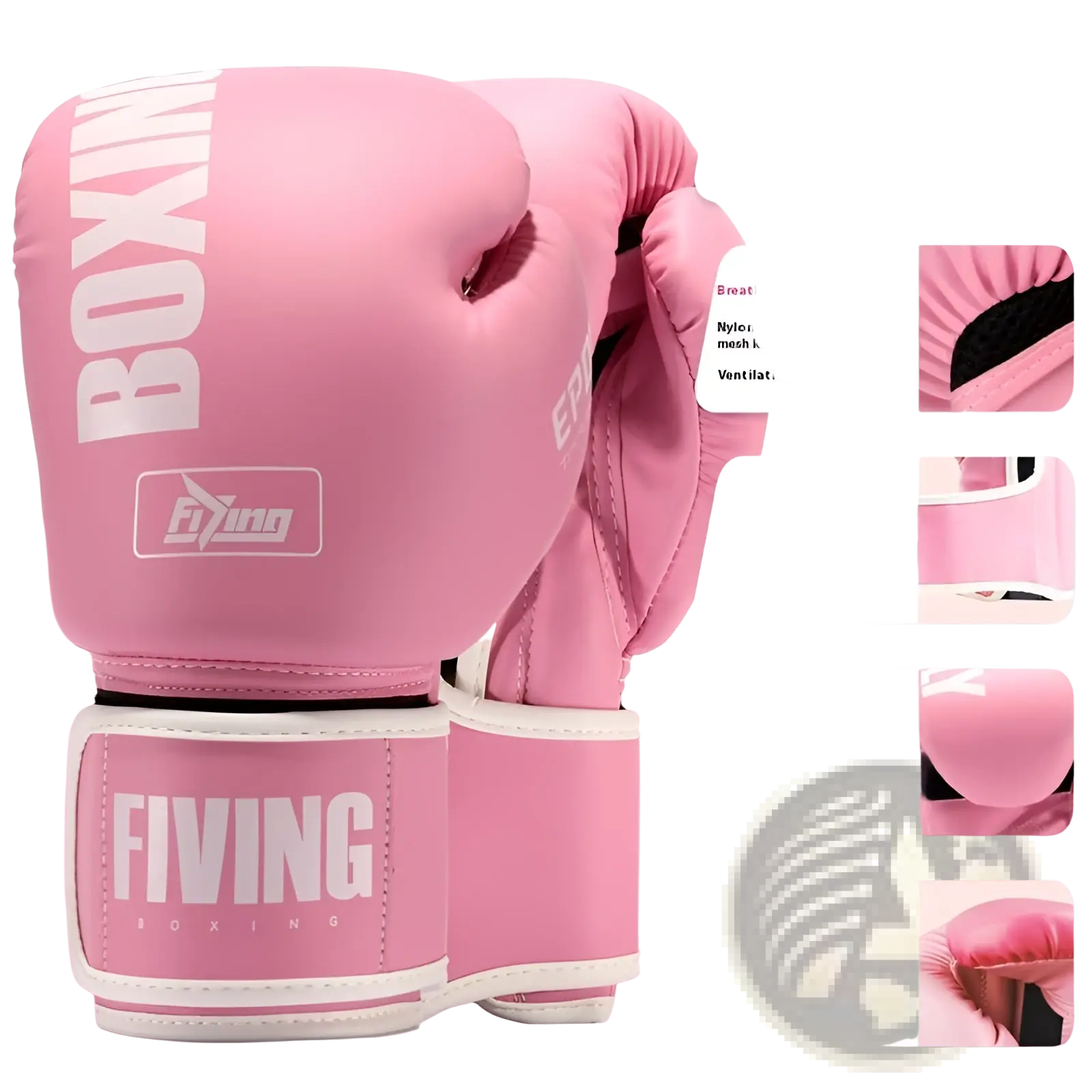 Women’s pink boxing gloves with white branding and breathable mesh design for training and sanda fight gear