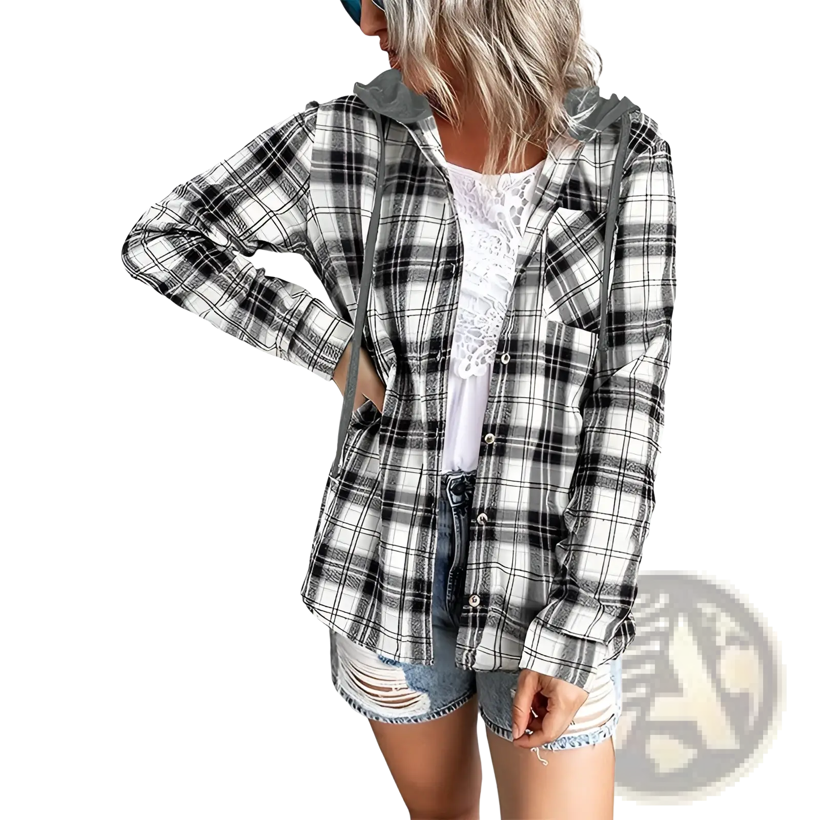 Women’s black and white plaid long sleeve hooded flannel button up shirt with gray drawstrings