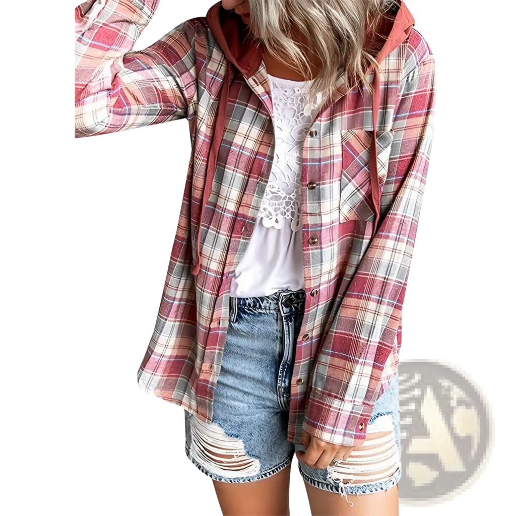 Women’s plaid long sleeve hooded button up shirt in soft red and white tones with a cozy drawstring hood