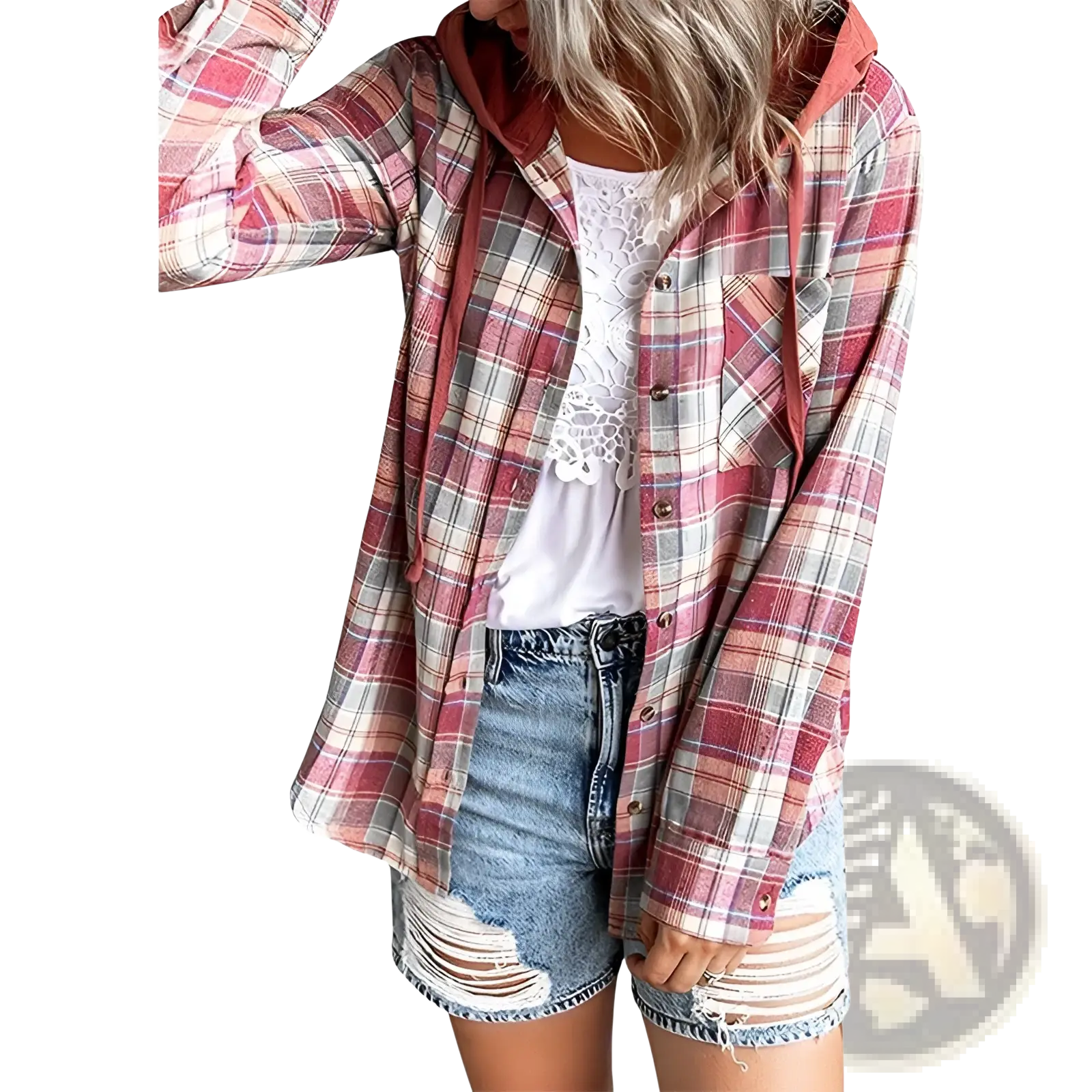 Women’s plaid long sleeve hooded button up shirt in soft red and white tones with a cozy drawstring hood