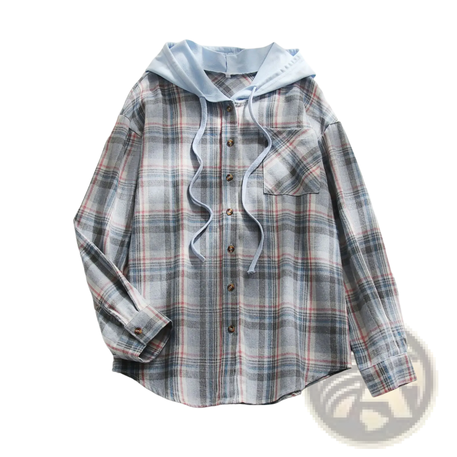 Women’s plaid long sleeve hooded button-up shirt in gray pink and white with light blue inner lining
