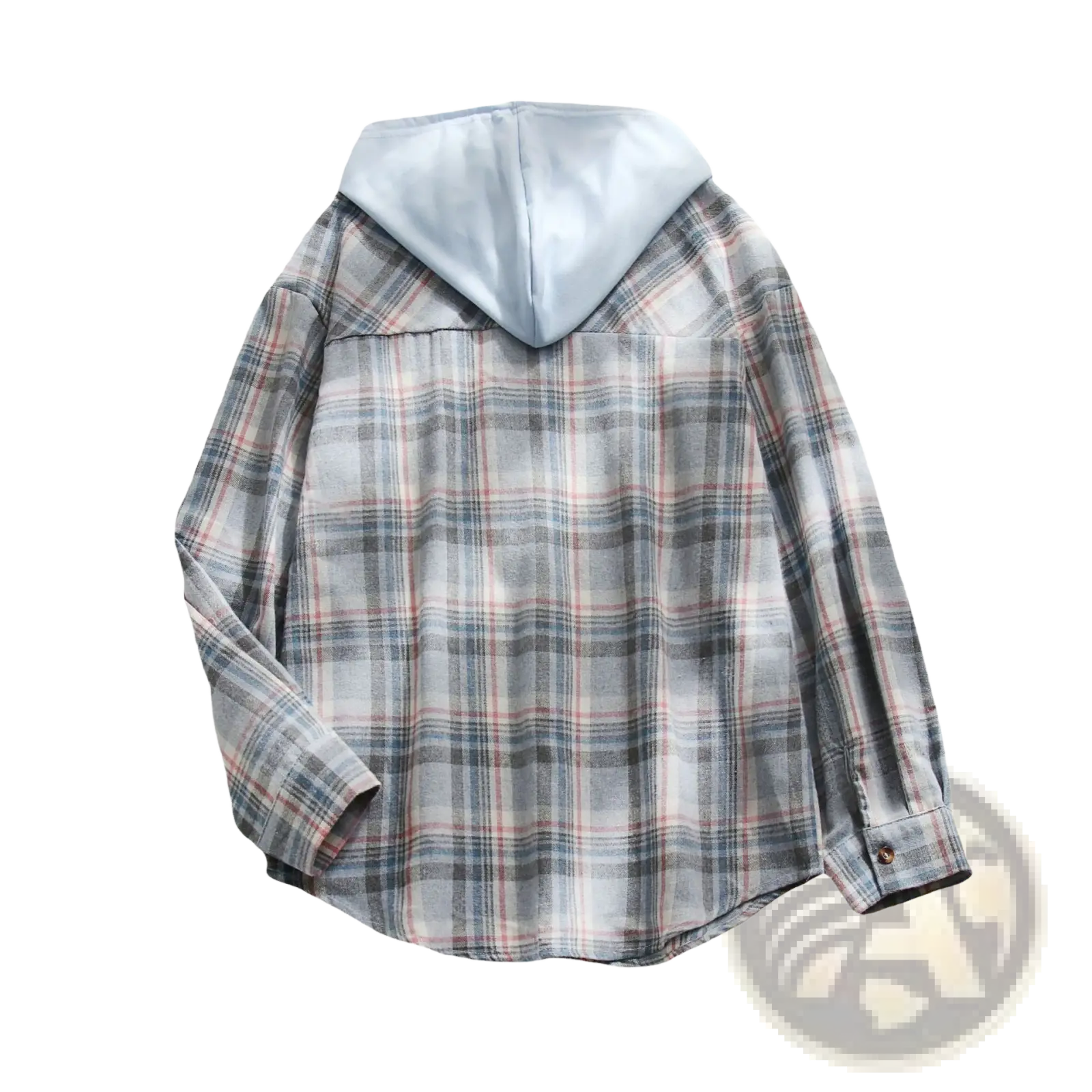 Women’s plaid long sleeve hooded button up shirt in gray pink and white with shiny light blue interior lining