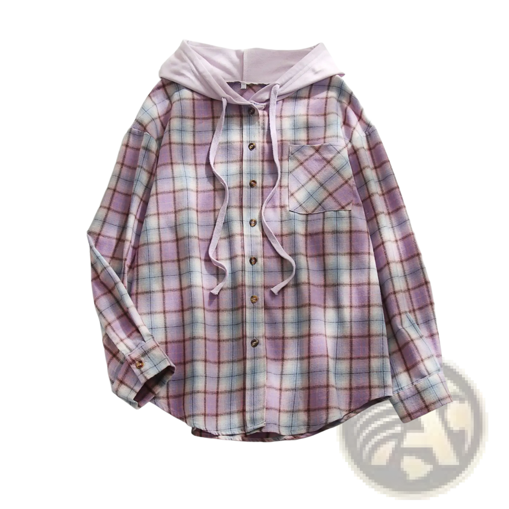 Women’s plaid long sleeve hooded button up shirt in soft lavender and white with matching drawstrings and button closure