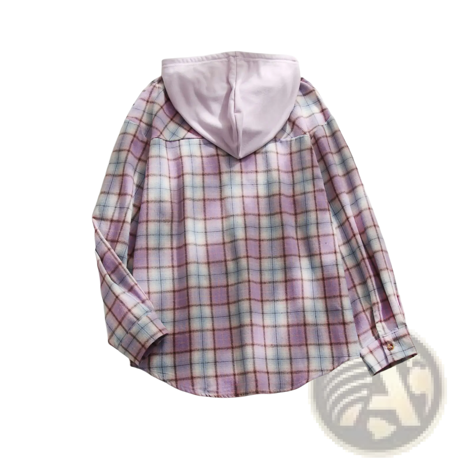 Women’s plaid long sleeve hooded button up shirt in soft lavender and muted pink with blue and white grid lines