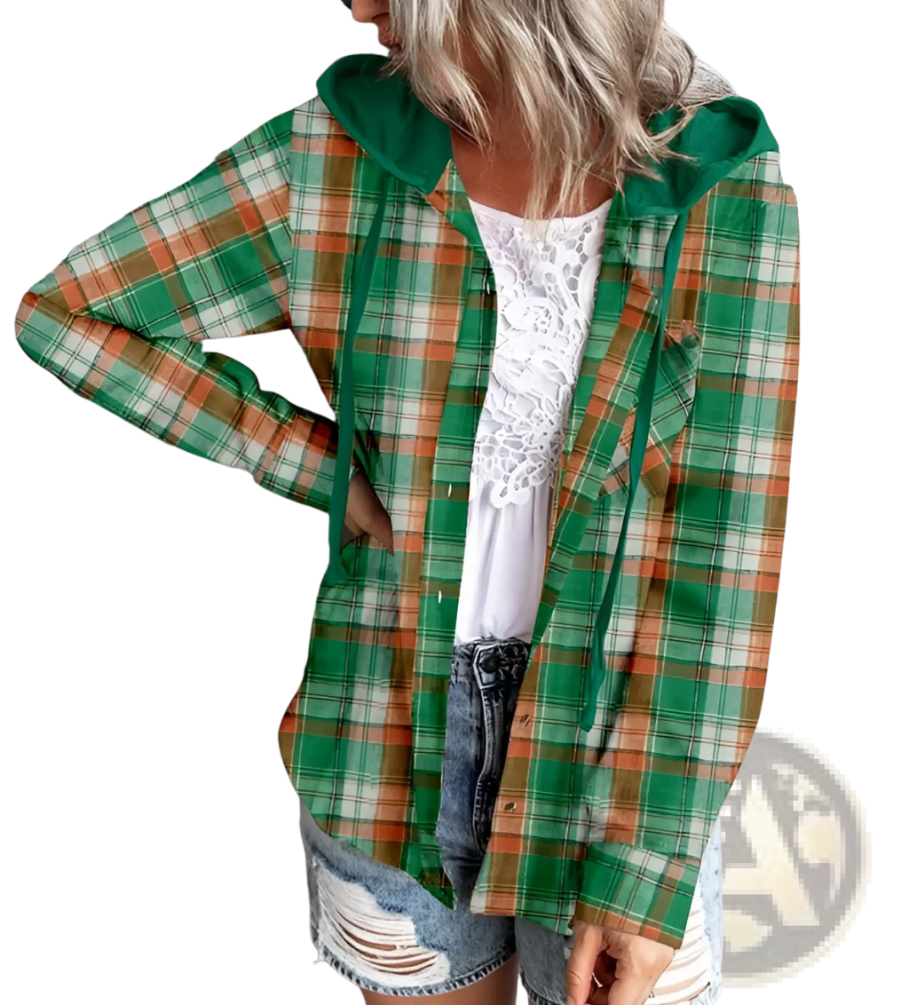 Women’s plaid long sleeve hooded button up shirt in green and orange with matching green drawstring front view