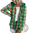 Women’s plaid long sleeve hooded button up shirt in green and orange with matching green drawstring front view