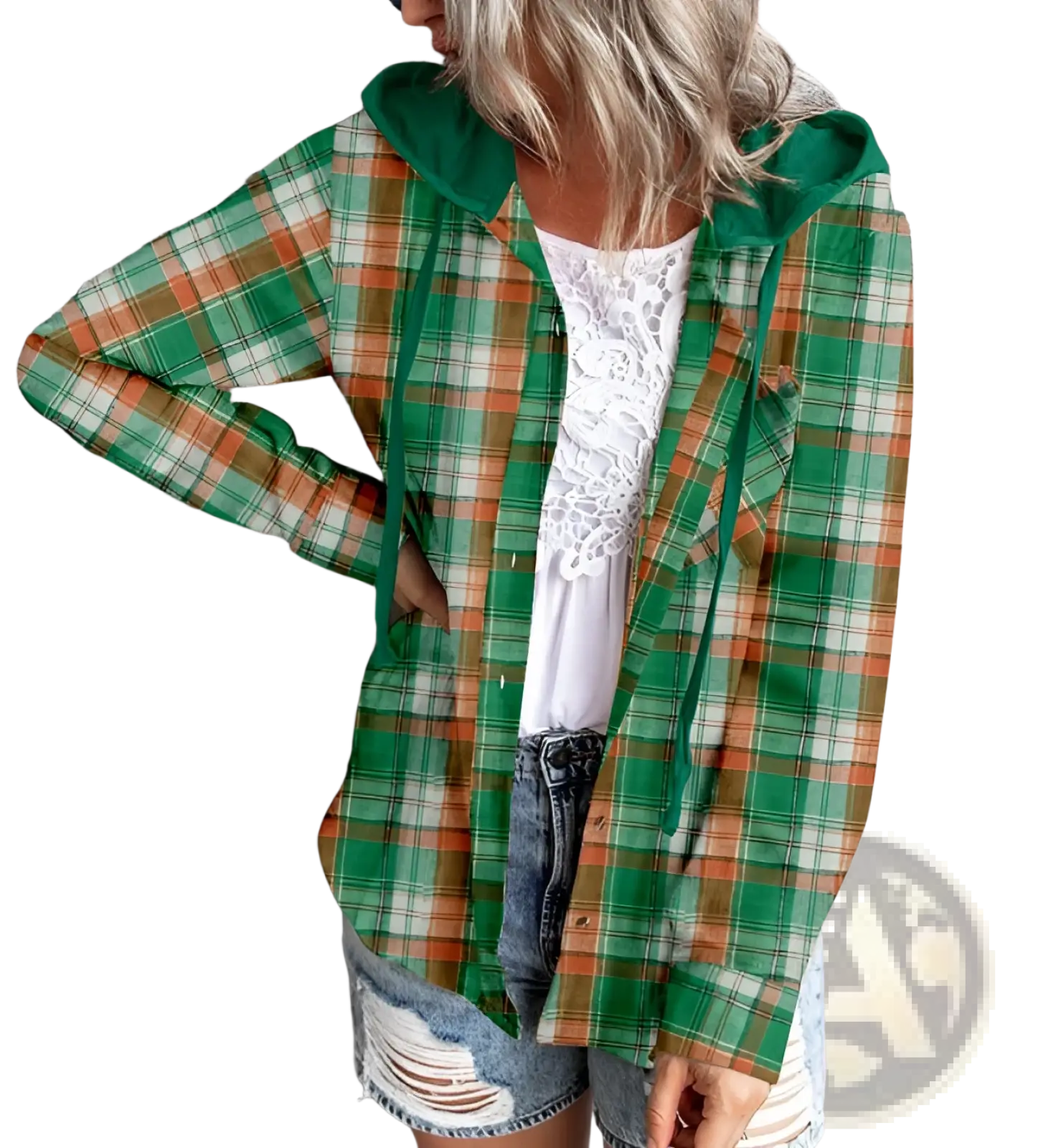 Women’s plaid long sleeve hooded button up shirt in green and orange with matching green drawstring front view