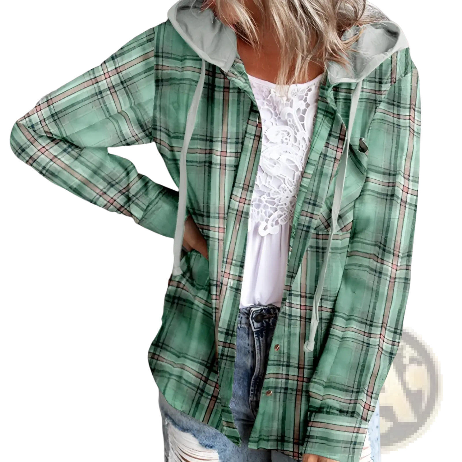 Women’s plaid long sleeve hooded button up shirt in green with light gray lining and drawstrings made of soft fabric