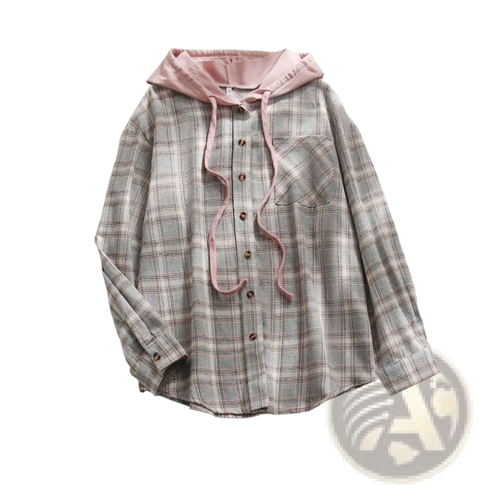 Women’s plaid long sleeve hooded button up shirt in soft gray and pink plaid with a matching pink drawstring