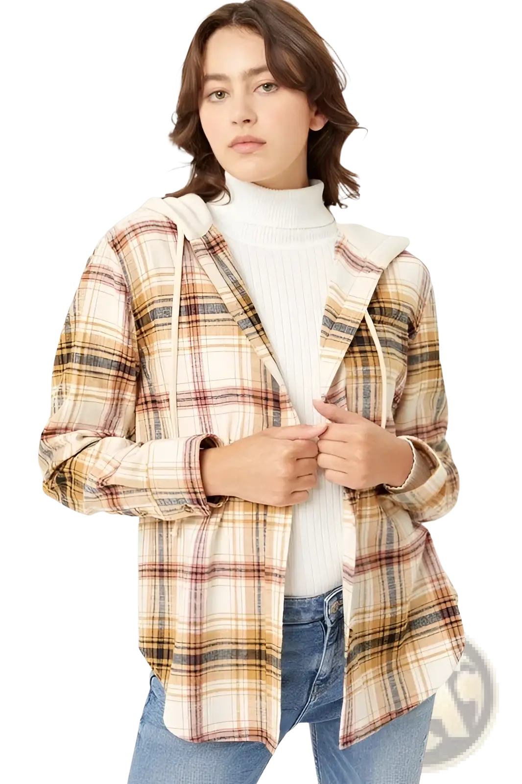 Womens plaid long sleeve hooded button up shirt with soft warm-toned beige mustard yellow and muted brown stripes