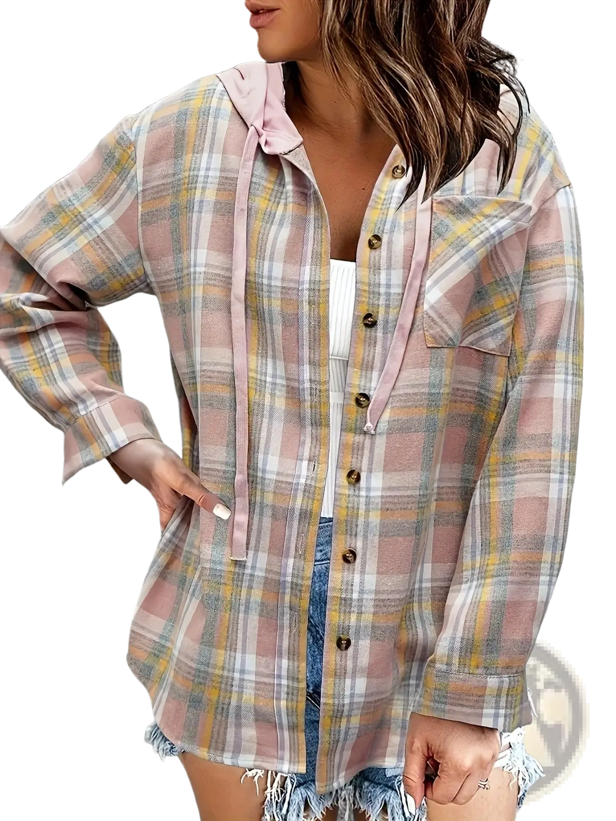 Women’s plaid long sleeve hooded button up shirt in soft pink yellow and gray with matching drawstrings