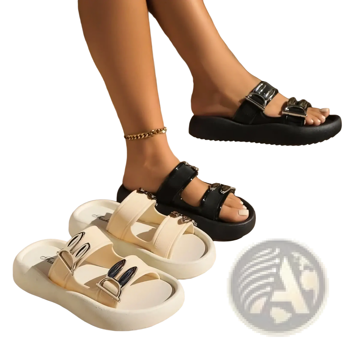 Cream-colored women’s platform sandals with bunny ear-shaped buckles and black accents for casual beach wear
