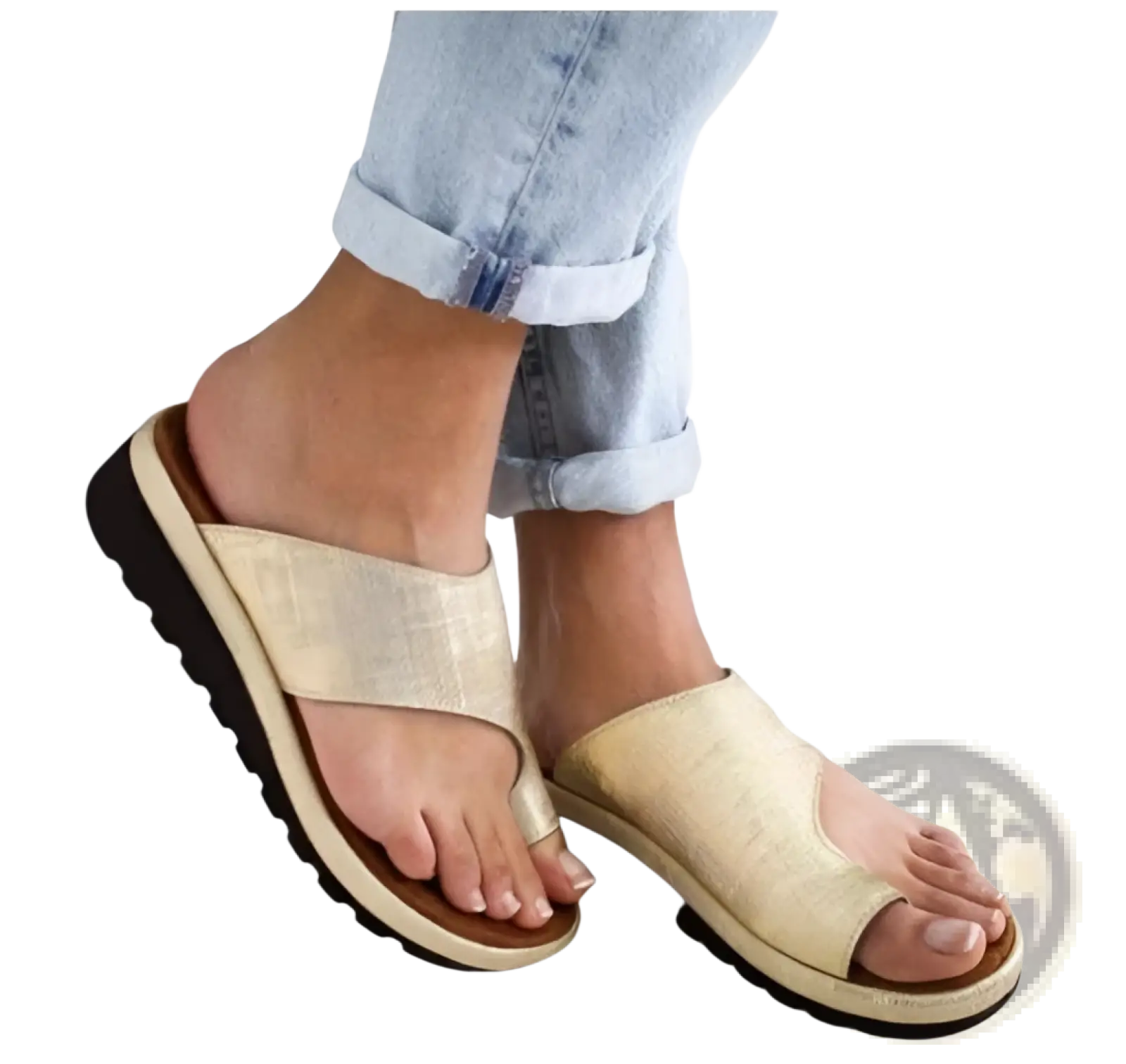 Women’s platform slide sandals in gold textured fabric with thick black rubber sole and open-toe design for beachwear