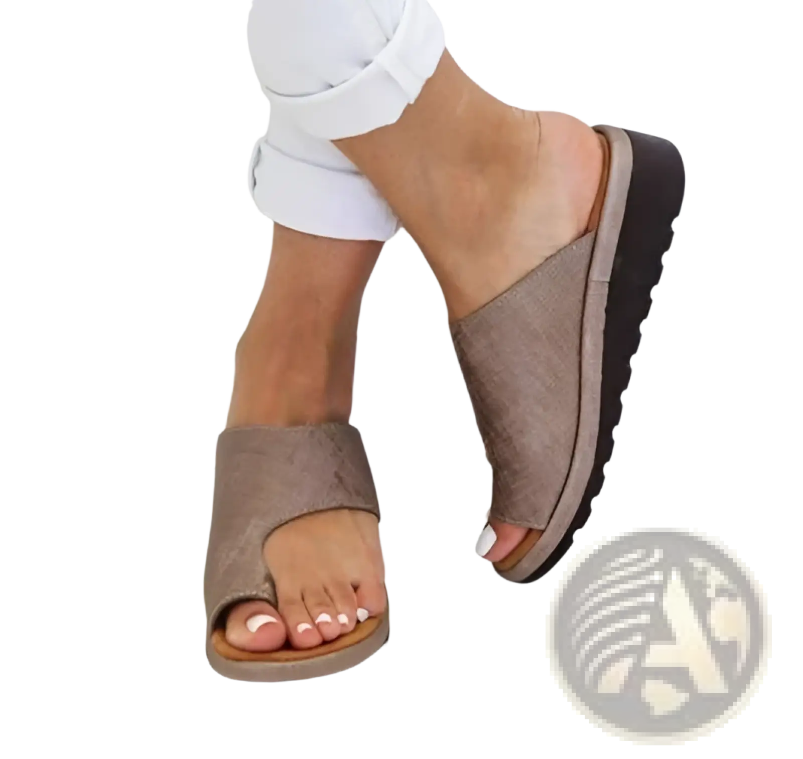 Beige suede women’s platform slide sandals with thick black rubber sole and open-toe design for beachwear