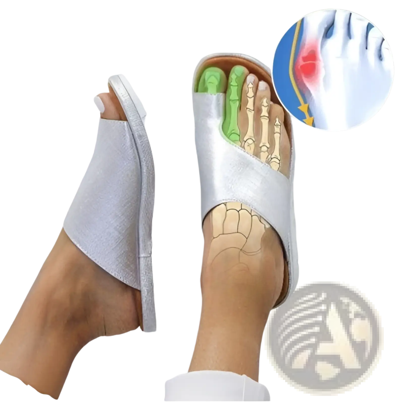 Silver metallic women’s platform slide sandals with contoured footbed and green beige anatomical arch support design